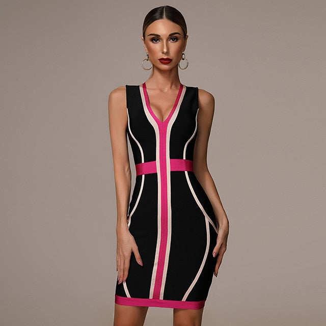 2021 Summer New Women's Fashion Sexy Striped Stitching Bandage Dress Deep V-neck Vestidos Party Club Mini Christmas Dress