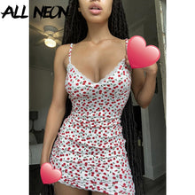 Load image into Gallery viewer, ALLNeon 2000s Fashion Lace Trim Bodycon Summer Dress Kawaii Vintage Cherry Print Cami Dress Y2K Sexy Clubwear Backless 2021 New
