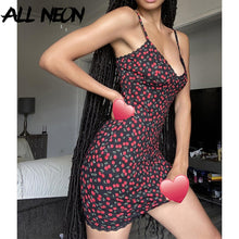 Load image into Gallery viewer, ALLNeon 2000s Fashion Lace Trim Bodycon Summer Dress Kawaii Vintage Cherry Print Cami Dress Y2K Sexy Clubwear Backless 2021 New
