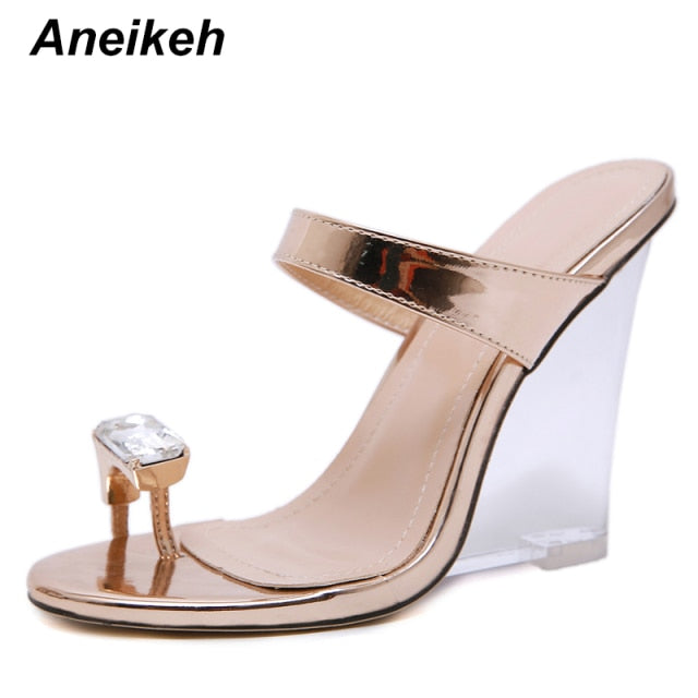 Aneikeh 2021 Fashion Shoes Woman Sandals PVC Crystal Wedges Transparent Sexy Clear High Heels Summer Wedding Pumps Size 41