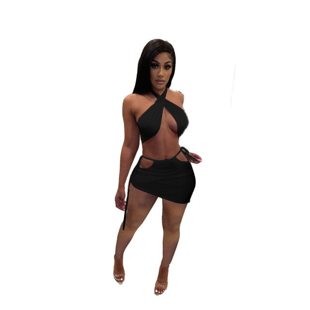 ANJAMANOR Sexy Club Outfits for Women 2021 Cross Wrap Crop Top and Cut Out Mini Skirt Suits 2 Piece Set Ladies Dresses D9-CZ28