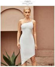 Load image into Gallery viewer, Adyce New Summer White One Shoulder Spaghetti Strap Bandage Dress For Women Sexy Diamonds Club Evening Party Midi Dresses 2021
