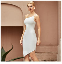 Load image into Gallery viewer, Adyce New Summer White One Shoulder Spaghetti Strap Bandage Dress For Women Sexy Diamonds Club Evening Party Midi Dresses 2021
