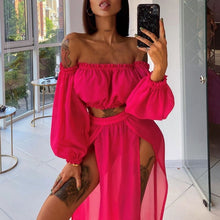 Load image into Gallery viewer, 2021 new Women&#39;s Clothing Set Off Shoulder Long Sleeve Tops and Cover Up Skirt Two-piece Suit for Travelling Beach Vacation
