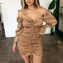 Load image into Gallery viewer, Autumn New Elegant Shirred Short Bodycon Dress Women Lace Pleated Ruffle Beach Dress Sexy Casual Party Leopard Dress Vestidos
