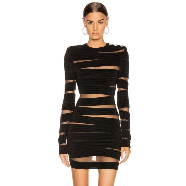 Adyce 2021 New Winter Black Lace Bandage Dress Women Sexy Long Sleeve Hollow Out Club Mini Celebrity Evening Runway Party Dress