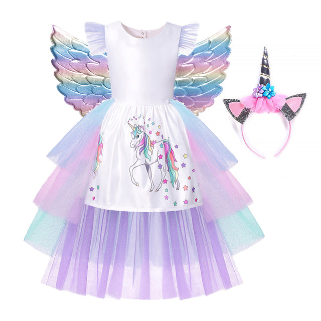 ALSAS Unicorn Dress with Long Tail + Wings Wig Hairband