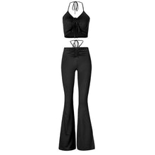 Load image into Gallery viewer, ALLNeon Y2K Streetwear Sexy Bandage Blue Co-ord Suits 2000s Fashion Drawstring Halter Top and High Waist Flare Pants 2 Piece Set
