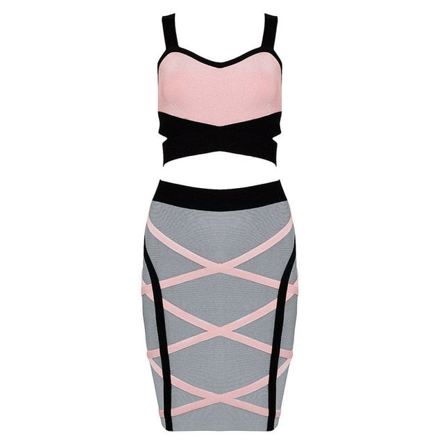 Bandage 2 Two Pieces Set Y2K Summer Dress Straps Patchwork Crop Top Club Cocktail Party Bodycon Women Sexy Outfits