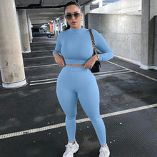 Load image into Gallery viewer, 2021 Summer Women Sport Fitness 2 Two Piece Set Outfits Long Sleeve Crop Tops Tshirt Leggings Pants Set Bodycon Tracksuit
