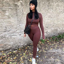 Load image into Gallery viewer, 2021 Summer Women Sport Fitness 2 Two Piece Set Outfits Long Sleeve Crop Tops Tshirt Leggings Pants Set Bodycon Tracksuit
