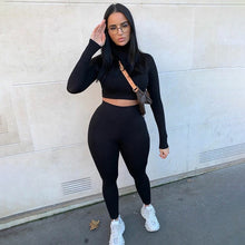 Load image into Gallery viewer, 2021 Summer Women Sport Fitness 2 Two Piece Set Outfits Long Sleeve Crop Tops Tshirt Leggings Pants Set Bodycon Tracksuit
