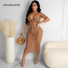 Load image into Gallery viewer, ANJAMANOR Sexy Summer Beach Vacation Outfits Crochet Knitted Bodycon Dress Solid Color Cut Out Backless Midi Dresses D62-CE30
