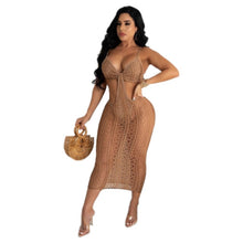 Load image into Gallery viewer, ANJAMANOR Sexy Summer Beach Vacation Outfits Crochet Knitted Bodycon Dress Solid Color Cut Out Backless Midi Dresses D62-CE30
