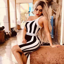 Load image into Gallery viewer, Adyce New Summer One Shoulder Striped Club Bandage Dress For Women Sexy Sleeveless Diamonds Celebrity Evening Party Dresses 2021
