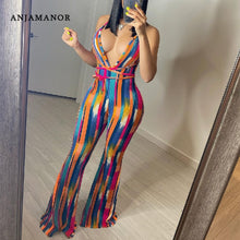 Load image into Gallery viewer, ANJAMANOR Halter Backless Striped Jumpsuit Womens Summer Clothing 2021 African Flare Pants Suits Sexy Club Outfits D89-CC36
