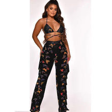 Load image into Gallery viewer, 2021 Adogirl Tie Dye Print Mesh Summer Beach Two Piece Set with Panties Women Sexy Bra Halter Crop Top Ruffle Wide Leg Pants Clubwear
