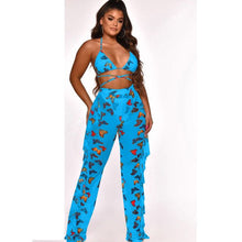 Load image into Gallery viewer, 2021 Adogirl Tie Dye Print Mesh Summer Beach Two Piece Set with Panties Women Sexy Bra Halter Crop Top Ruffle Wide Leg Pants Clubwear
