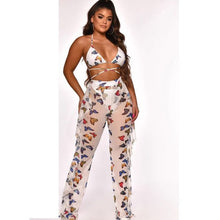 Load image into Gallery viewer, 2021 Adogirl Tie Dye Print Mesh Summer Beach Two Piece Set with Panties Women Sexy Bra Halter Crop Top Ruffle Wide Leg Pants Clubwear
