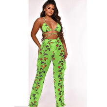 Load image into Gallery viewer, 2021 Adogirl Tie Dye Print Mesh Summer Beach Two Piece Set with Panties Women Sexy Bra Halter Crop Top Ruffle Wide Leg Pants Clubwear
