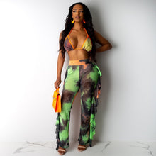 Load image into Gallery viewer, 2021 Adogirl Tie Dye Print Mesh Summer Beach Two Piece Set with Panties Women Sexy Bra Halter Crop Top Ruffle Wide Leg Pants Clubwear
