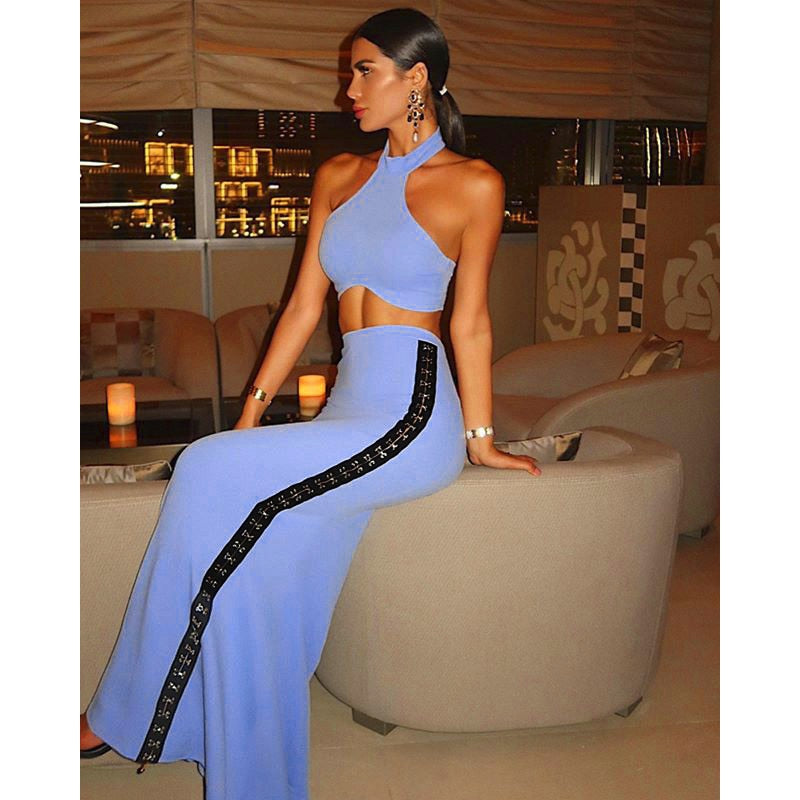 2021 New Summer Women Sexy Set BLUE Clothing 2 Two-Piece Set Short Tops & Skirt Bandage set Bodycon Celebrity Club Party set