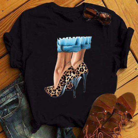 ZOGANKIN Womens Black T-Shirt Summer New Fashion Leopard High Heel Short Sleeve Print Clothes Ladies Graphic Tops Female Clothes
