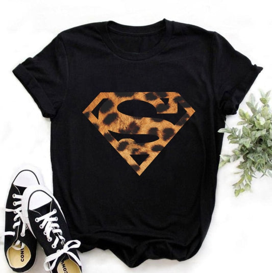 ZOGANKIN Womens Black T-Shirt Summer New Fashion Leopard High Heel Short Sleeve Print Clothes Ladies Graphic Tops Female Clothes