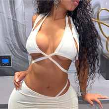 Load image into Gallery viewer, ANJAMANOR Halter V Neck Dress Sets Club Wear Sexy Vacation Outfits 2 Piece Set Mini Skirts with Crop Top Summer 2021 D85-BZ12
