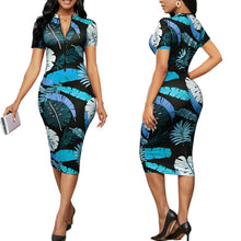 Load image into Gallery viewer, 2021 Summer Sexy Bodycon Party Dress Banana Leaf  Print Sleeve Zipper V Neck Slim Bandage Hip Office Lady Pencil Dress Robe New
