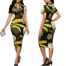 Load image into Gallery viewer, 2021 Summer Sexy Bodycon Party Dress Banana Leaf  Print Sleeve Zipper V Neck Slim Bandage Hip Office Lady Pencil Dress Robe New
