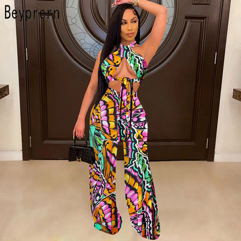 Beyprern Womens Halter Neck Printed Crop Top And Wide Leg Pant Set Two-Piece Suits Summer Laced Bandage Matching Set Club Wear