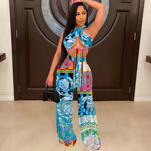 Load image into Gallery viewer, Beyprern Womens Halter Neck Printed Crop Top And Wide Leg Pant Set Two-Piece Suits Summer Laced Bandage Matching Set Club Wear
