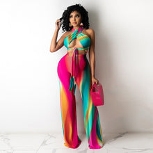 Load image into Gallery viewer, Beyprern Womens Halter Neck Printed Crop Top And Wide Leg Pant Set Two-Piece Suits Summer Laced Bandage Matching Set Club Wear
