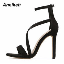 Load image into Gallery viewer, Aneikeh New Fashion Sexy Design Women Narrow Band Buckle Thin High Heels Black Faux Suede Open Toe Dress Sandals Shoe 35-42
