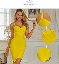 Load image into Gallery viewer, Adyce 2021 New Winter Women Spaghetti Strap Sleeveless Bandage Dress Sexy V Neck Yellow Mini Club Celebrity Runway Party Dresses
