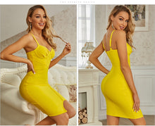 Load image into Gallery viewer, Adyce 2021 New Winter Women Spaghetti Strap Sleeveless Bandage Dress Sexy V Neck Yellow Mini Club Celebrity Runway Party Dresses
