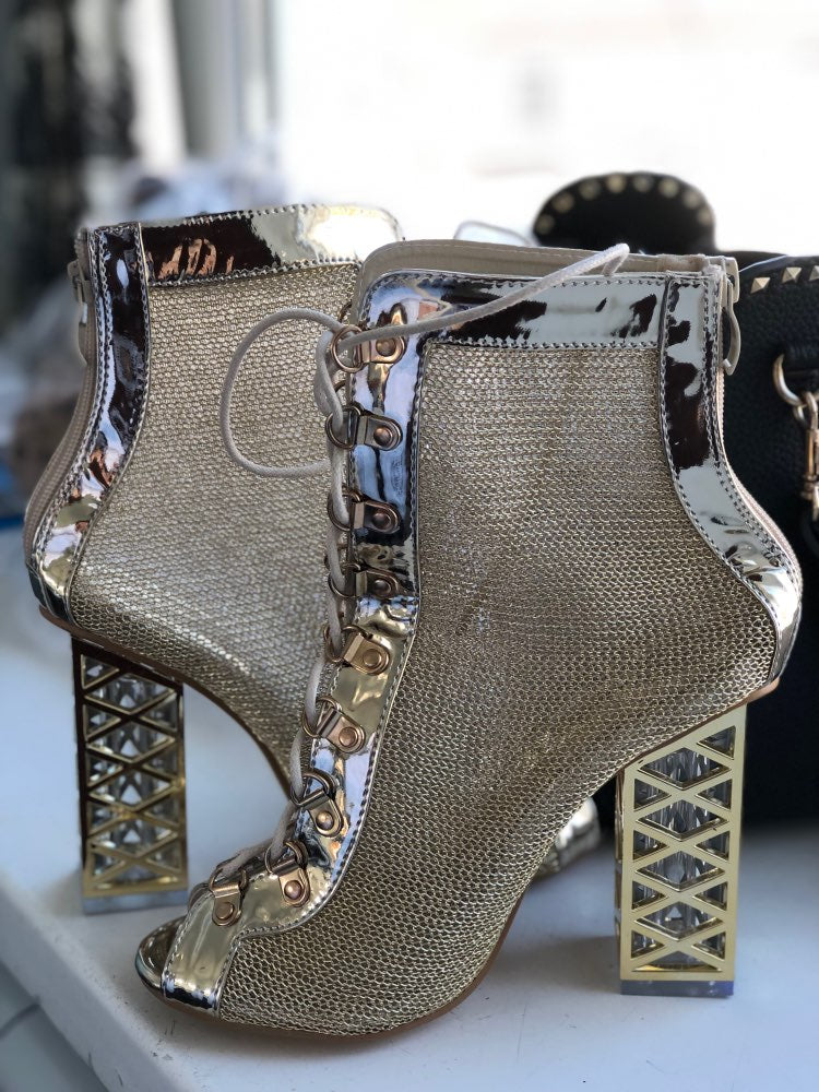 Aneikeh Size 41 42 43  Sexy Golden Bling Gladiator Sandals Women Pumps Ladies Shoes Lace-Up High Heels ANKLE Boots Fashion 2021