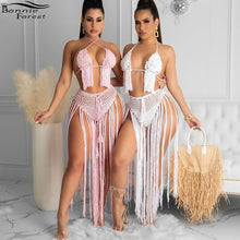 Load image into Gallery viewer, Bonnie Forest Beautiful Hollow Out Crochet Fringed Bikini Set Two-Piece Outfits Cute Summer Womens Knitted Skirt Set Beach Suits
