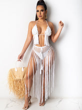 Load image into Gallery viewer, Bonnie Forest Beautiful Hollow Out Crochet Fringed Bikini Set Two-Piece Outfits Cute Summer Womens Knitted Skirt Set Beach Suits
