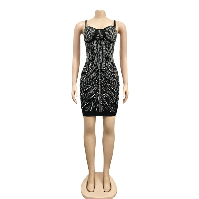 Beyprern Sparkle Black Silver Crystal Studs Mini Dress New Summer Spagetti Strap Rhinestone Bodycon Party Dress Birthday Outfits