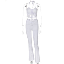 Load image into Gallery viewer, ALLNeon Y2K Streetwear Sexy Bandage Blue Co-ord Suits 2000s Fashion Drawstring Halter Top and High Waist Flare Pants 2 Piece Set
