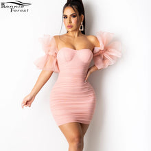 Load image into Gallery viewer, Bonnie Forest Elegant Puff Sleeve Underwire Ruched Mini Dresses Summer Sundress Cute Women Pleated Mesh Party Club Bandag Dress
