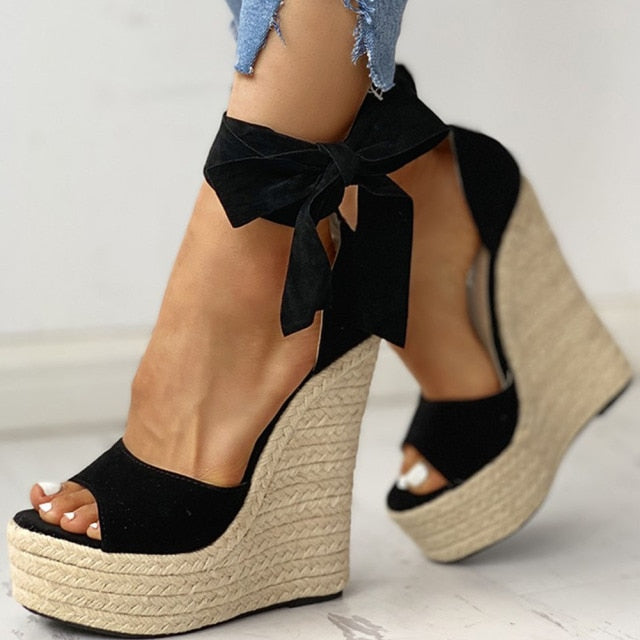 brand 2020 sexy platform wedges high heels Shoes sandals women Straw Summer Party ankle-wrap Shoes Woman sandals