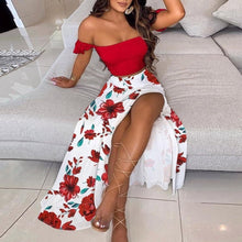 Load image into Gallery viewer, 2021 New Print Floral Dress Two-Piece Set Lady Sexy V Neck Hollow Out Crop Top And Split Long Skirts 2 Piece Sets Women Clothing
