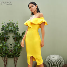 Load image into Gallery viewer, Adyce 2021 New Summer Sexy Off Shoulder Women Bandage Dress Ruffles Slash Neck Yellow Club Celebrity Evening Party Runway Dress
