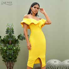 Load image into Gallery viewer, Adyce 2021 New Summer Sexy Off Shoulder Women Bandage Dress Ruffles Slash Neck Yellow Club Celebrity Evening Party Runway Dress
