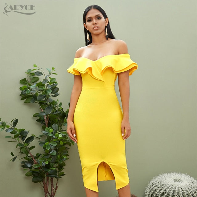 Adyce 2021 New Summer Sexy Off Shoulder Women Bandage Dress Ruffles Slash Neck Yellow Club Celebrity Evening Party Runway Dress