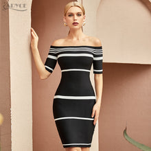 Load image into Gallery viewer, Adyce 2021 New Summer Women Black Off Shoulder Party Bandage Dress Sexy Short Sleeve Striped Celebrity Evening Hot Bodycon Dress
