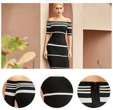 Load image into Gallery viewer, Adyce 2021 New Summer Women Black Off Shoulder Party Bandage Dress Sexy Short Sleeve Striped Celebrity Evening Hot Bodycon Dress
